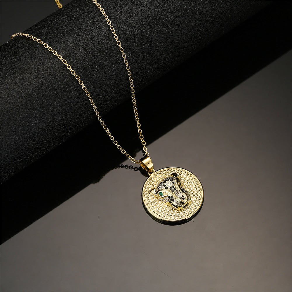 Personalized Geometric Leopard Head Micro-Inlaid Cubic Zirconia Brass Pendant Necklace with Cable Chain