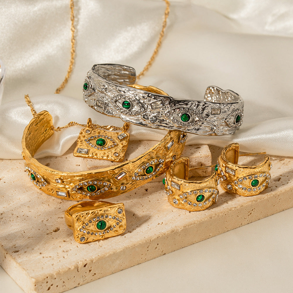 Anello da donna Ins Style con Occhio Turco geometrico quadrato francese in acciaio inossidabile placcato oro 18 carati con zircone e malachite
