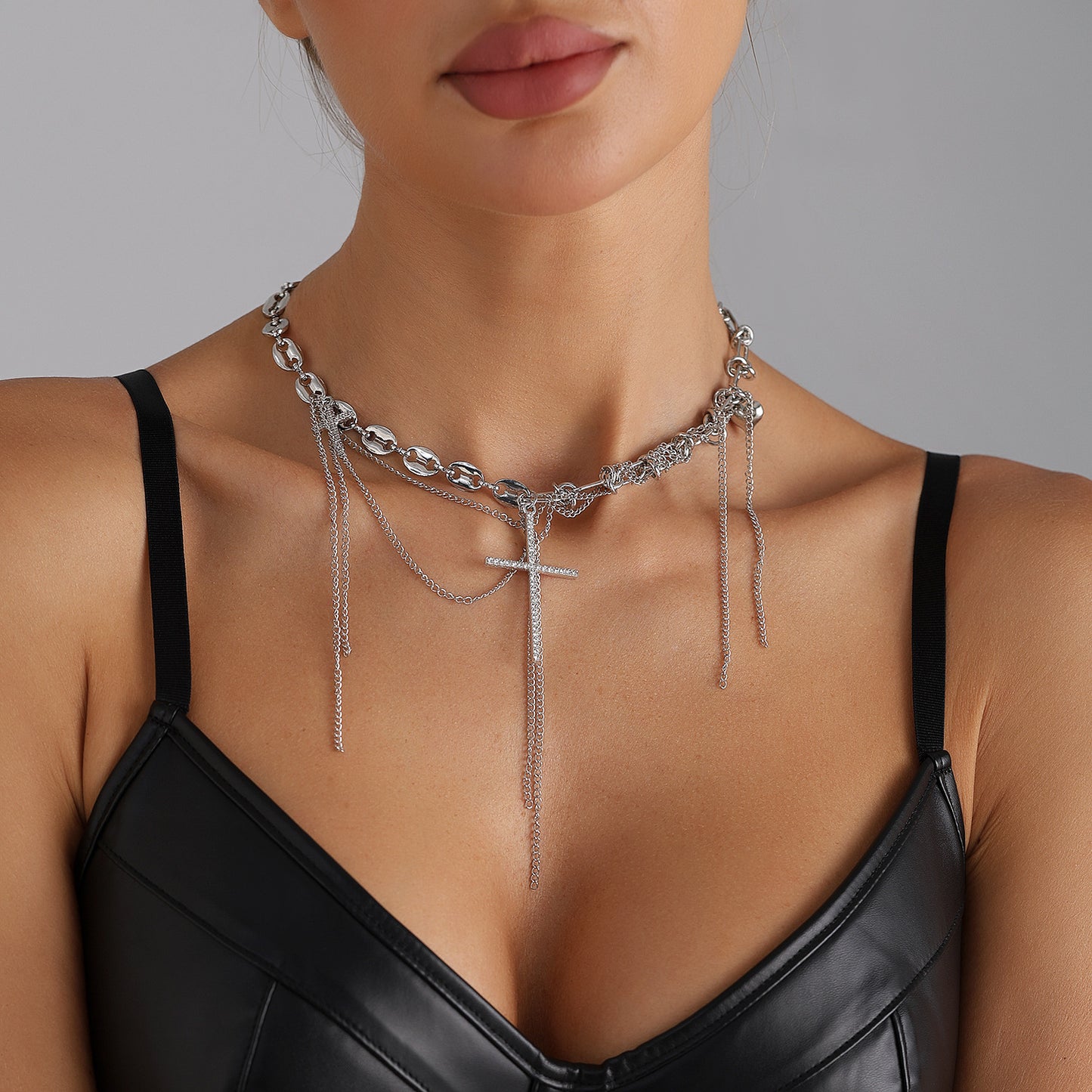 Minimalist Cross Heart Geometric Alloy Plated Necklace with Tassel Cable Chain for Women
