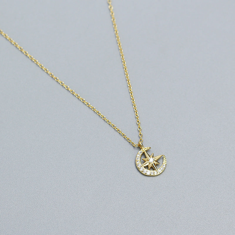 925 Sterling Silver Star Moon Cubic Zirconia Inlay Necklace
