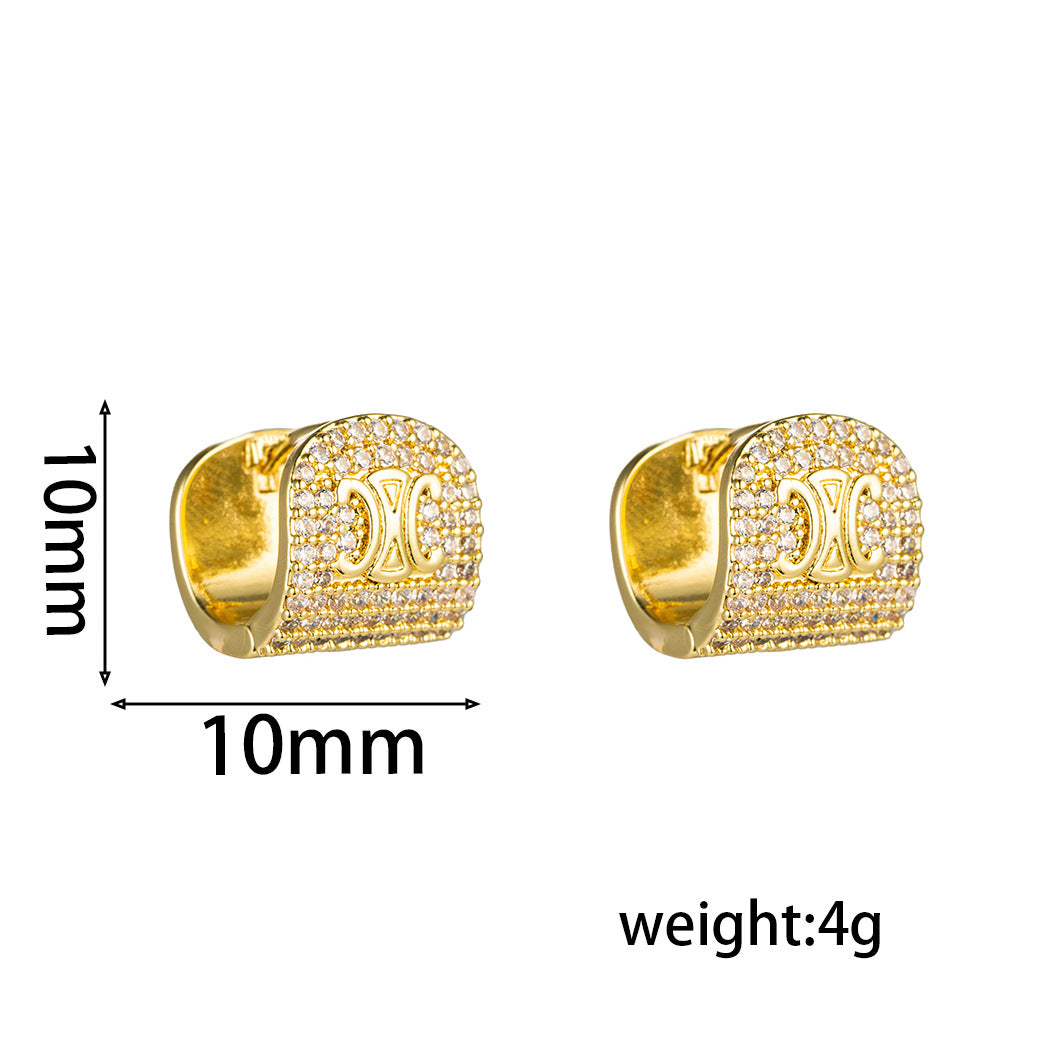 Orecchini a perno geometrici minimalisti da donna in ottone placcato oro 18 carati con intarsi in strass