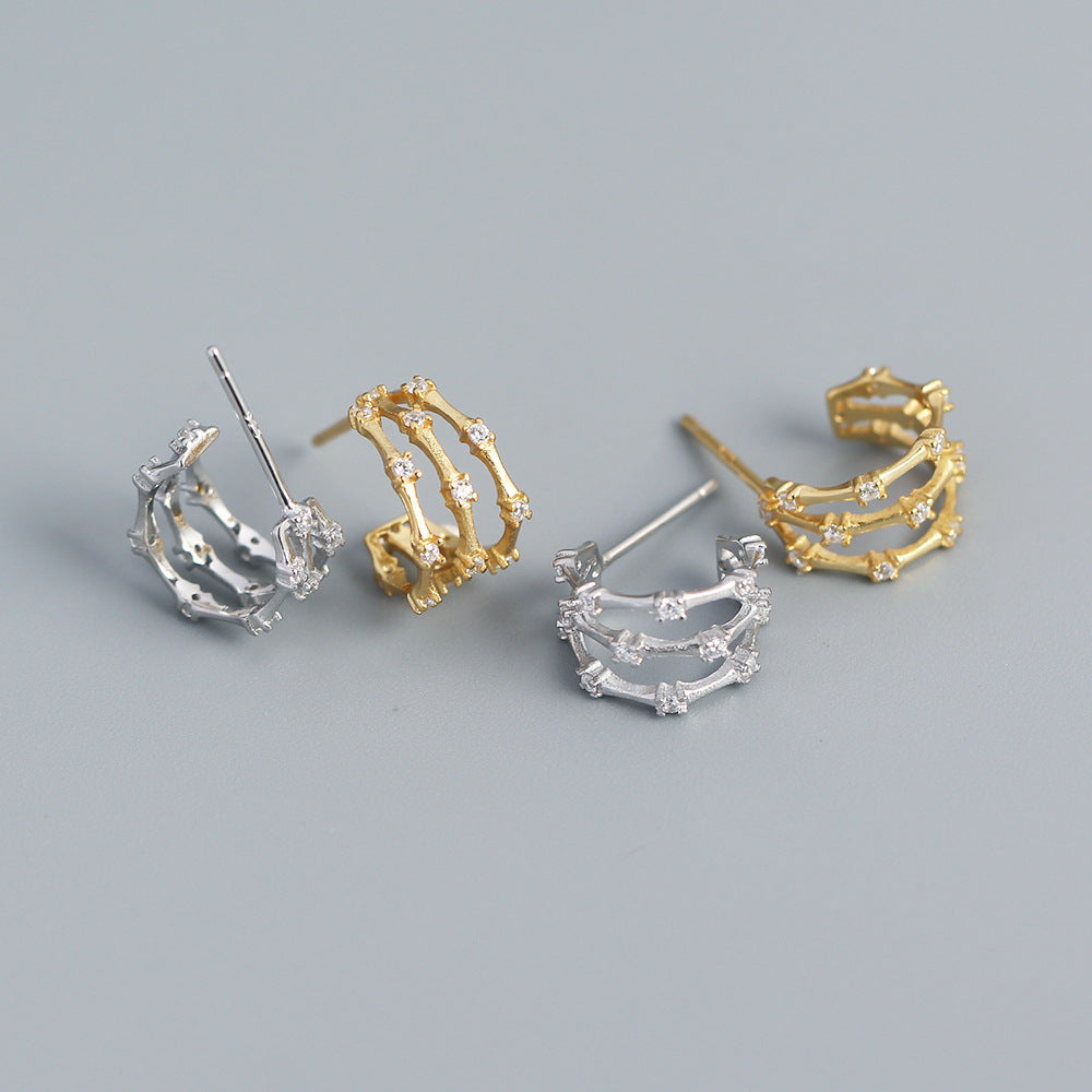 Minimalist Geometric Three-Tier Bamboo-Inspired C-Shaped Rhinestone-Set S925 Sterling Silver Hoop Earrings