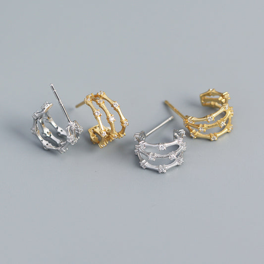 Orecchini a cerchio in argento sterling S925 con strass, a forma di C, a tre livelli, geometrici, minimalisti, ispirati al bambù