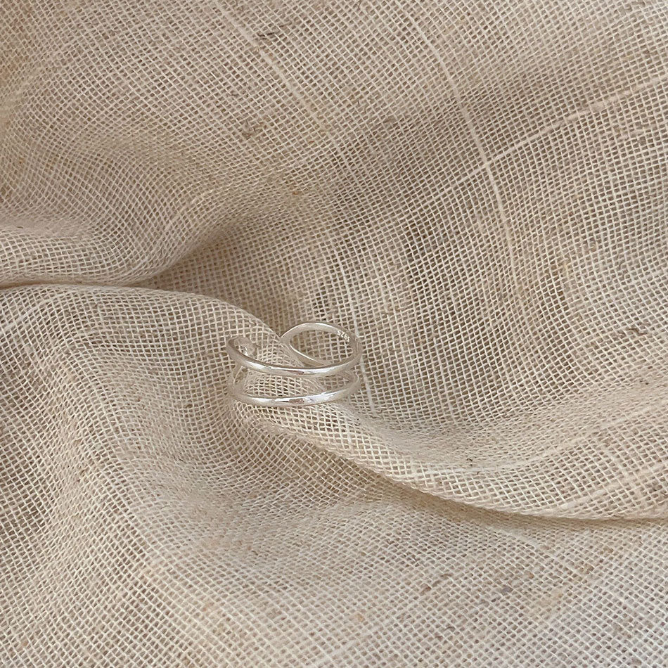 Minimalist Heart-Shaped 925 Sterling Silver Double-Layer Ring with Beveled Square Grain Detail for Women