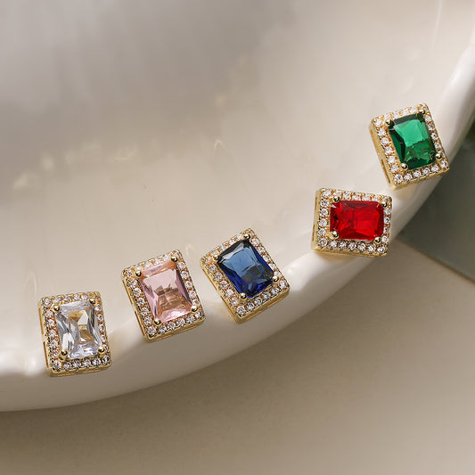 Minimalist Rectangular Zircon Stud Earrings for Women in Copper with 18K Gold Plating and Micro-Pave Setting