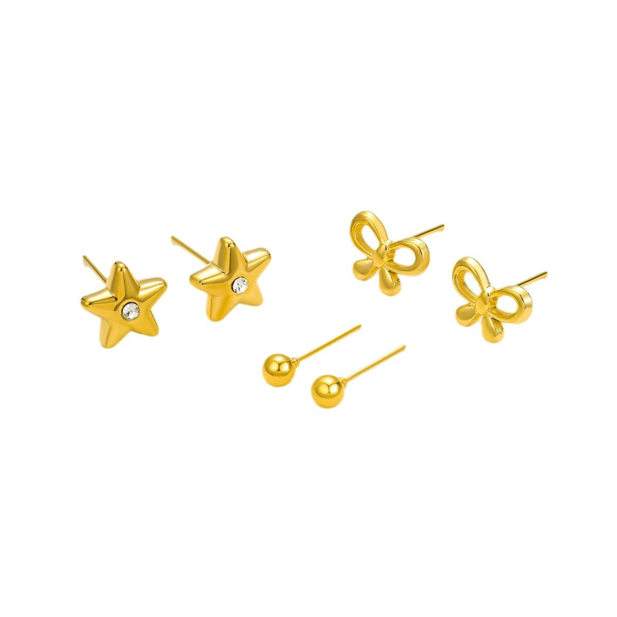 Set di orecchini a lobo minimalisti in acciaio inossidabile con fiocco e stella, con intarsio in strass, da donna