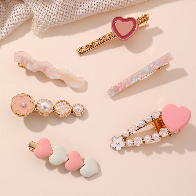 Sweet Heart-Shaped Acrylic Hair Clip with Bow, Floral and Pearl Accents for Kids