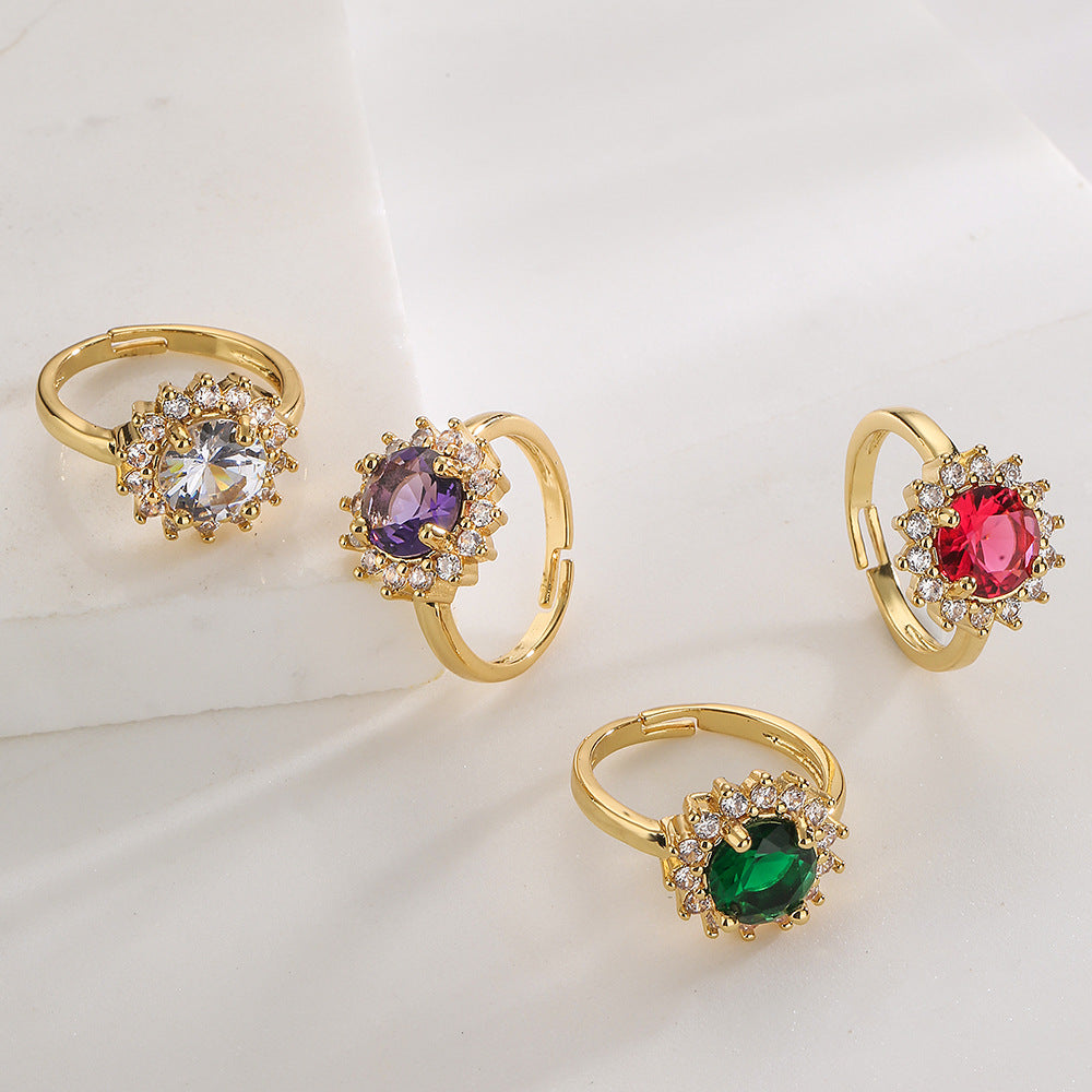 Anello aperto da donna minimalista geometrico floreale in ottone con placcatura in oro 18 carati e intarsio di zirconi