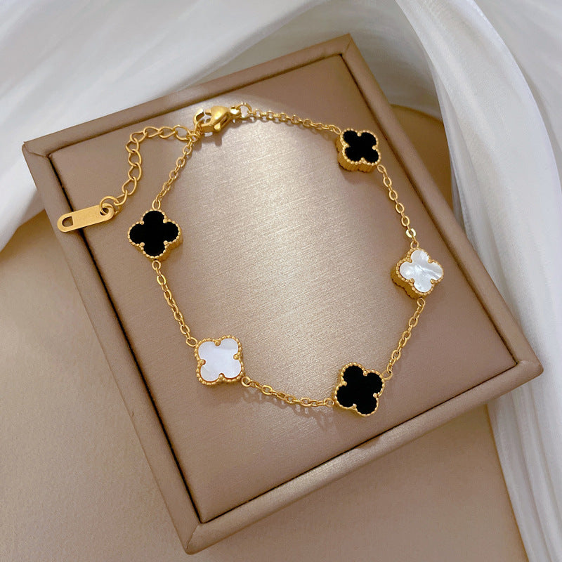 Minimalist Vintage Titanium Steel Box Chain Bracelet with Four-Leaf Clover and Mother-of-Pearl Accents