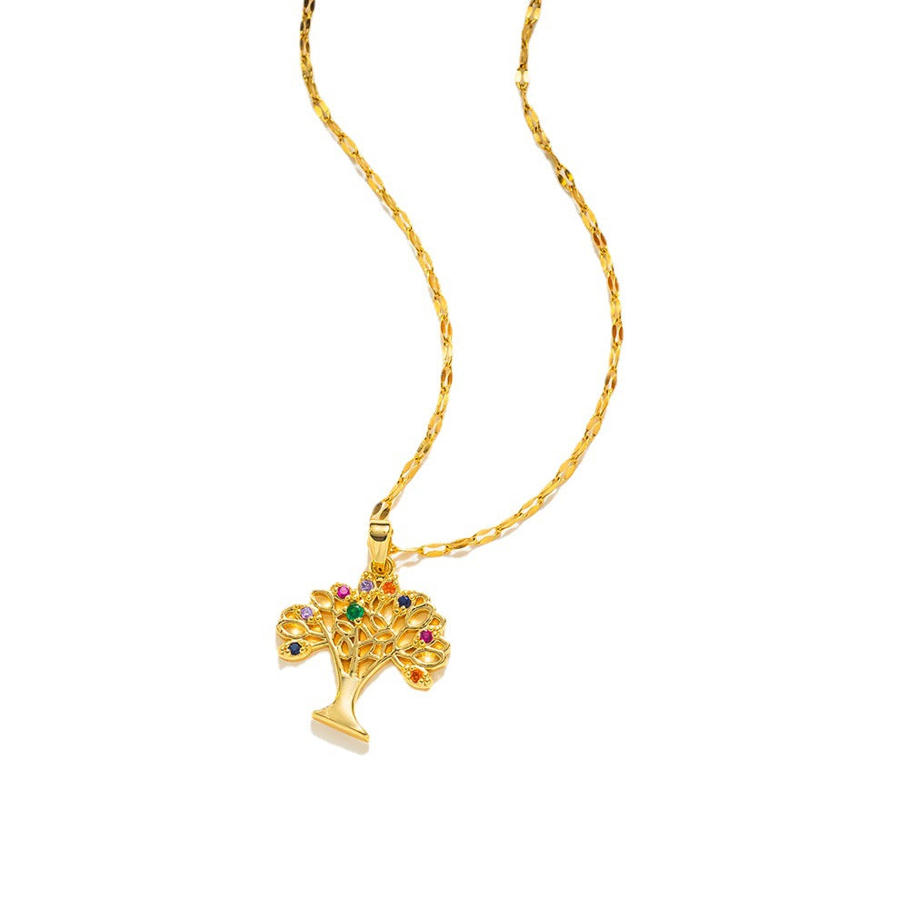Collana con ciondolo Albero della Vita Natural Style da donna in acciaio al titanio con zirconi cubici micro-incastonati su catena ondulata