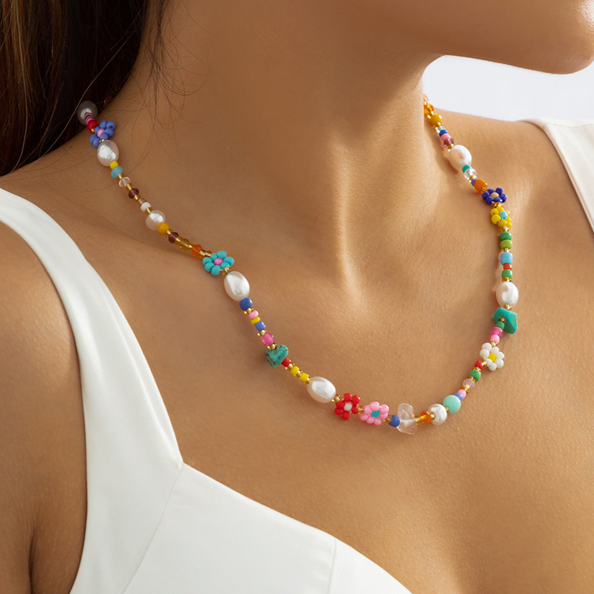 Vintage Sweet Floral Resin Turquoise Pearl Ball Chain Necklace for Women