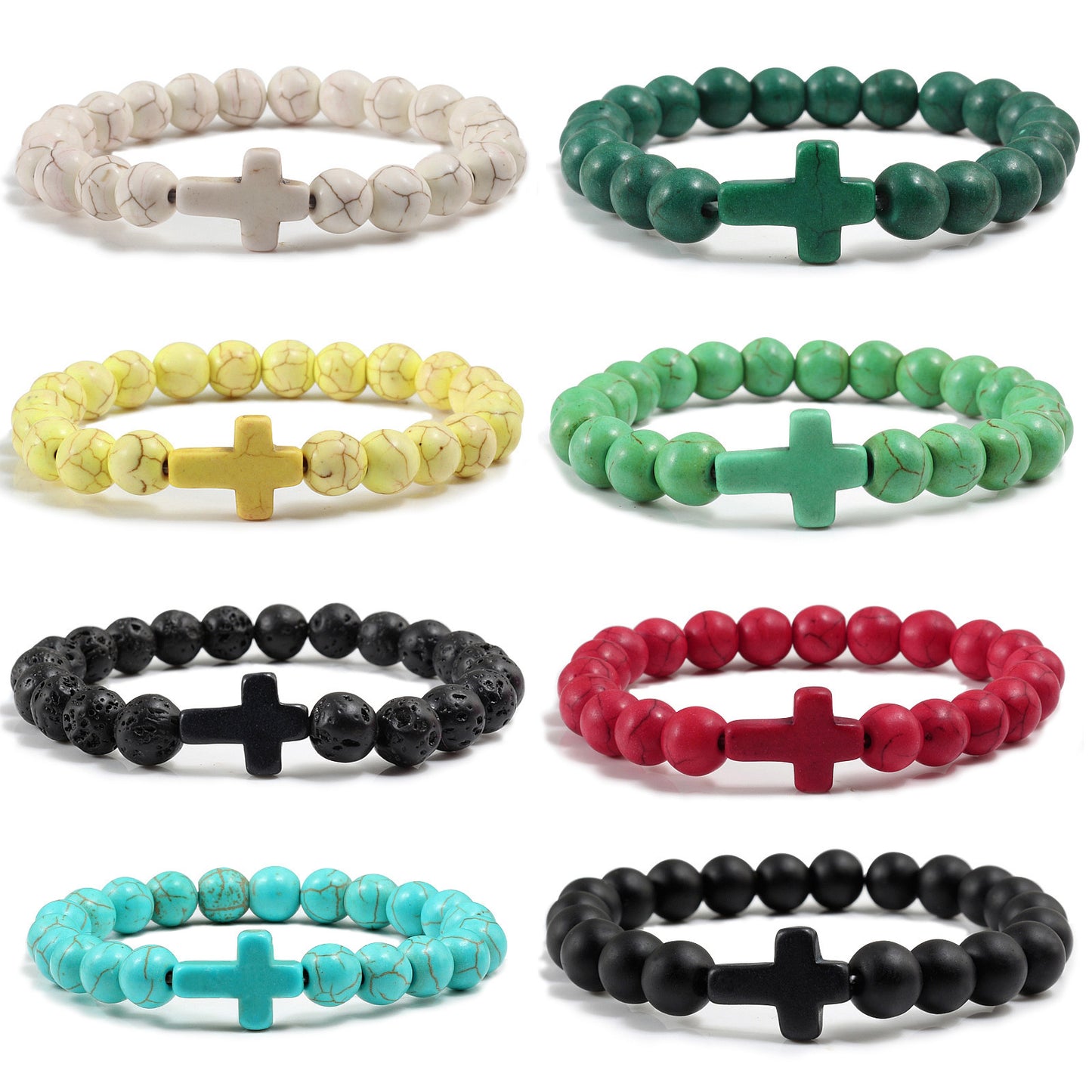Natural Turquoise Cross Beaded Bracelet 8mm Round Stone Unisex Handmade Jewelry