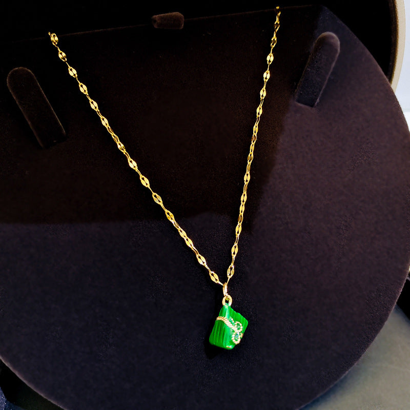 Original Design Green Mini Zongzi Pendant Necklace for Women in Titanium Steel with Snake Chain Minimalist Locket Style