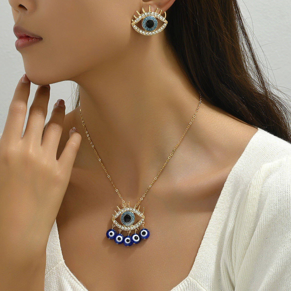 Pendientes y collar minimalistas de aleación con pedrería de ojo turco para mujer