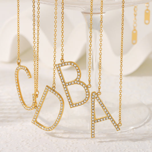 Minimalist Letter-Shaped Stainless Steel Pendant Necklace with Rhinestone Inlay and 18K Gold Plating on O-Chain for Women