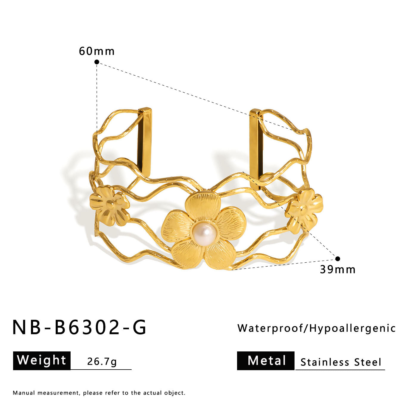 Bracciale a Polsino Floreale Minimalista a Cuore Vuoto in Acciaio Inossidabile con Placcatura in Oro 18K da Donna