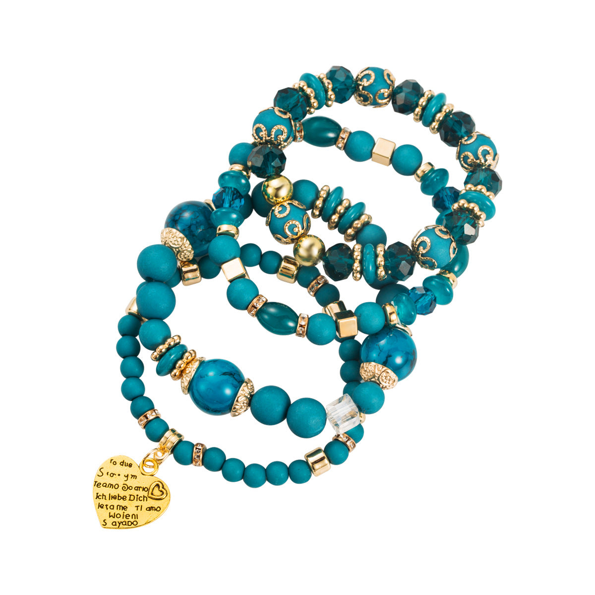 Bohemian Style Heart-Shaped Alloy Beaded Stretch Bracelet with Plated Finish