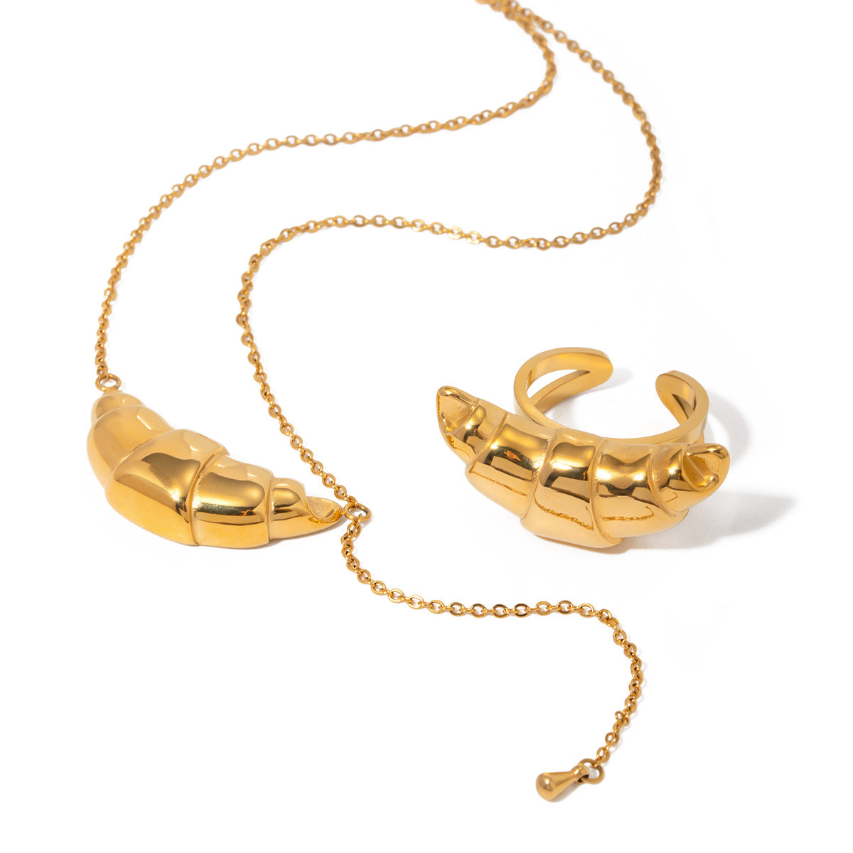 Ins Style Geometric Croissant Tassel Pendant Necklace and Ring Set 18K Gold Plated Stainless Steel