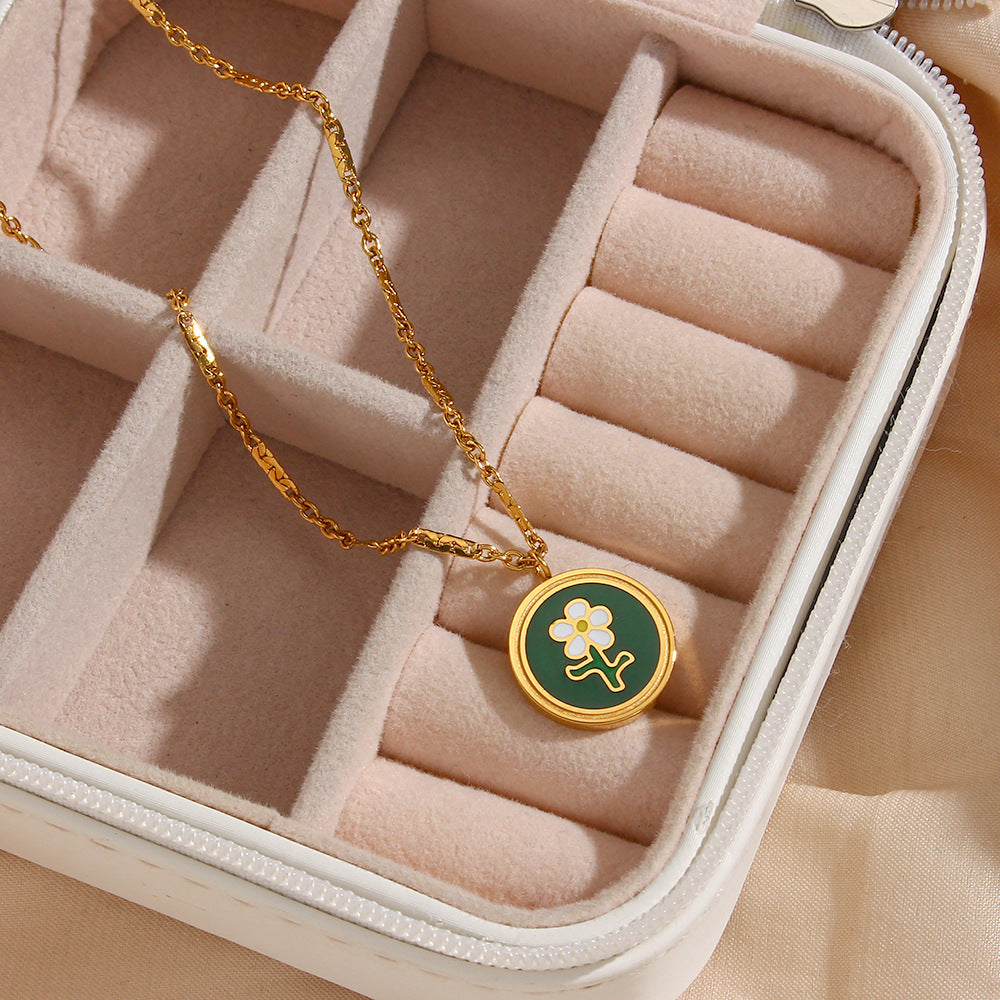 Collana con ciondolo a forma di fiore piccolo geometrico in smalto verde, stile Y2K alla moda, in acciaio inossidabile placcato oro 18K da donna