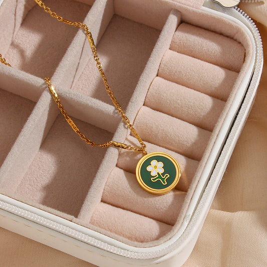 Fashionable Y2K Style Geometric Green Enamel Small Flower Pendant Necklace in Stainless Steel with 18K Gold Plating for Women