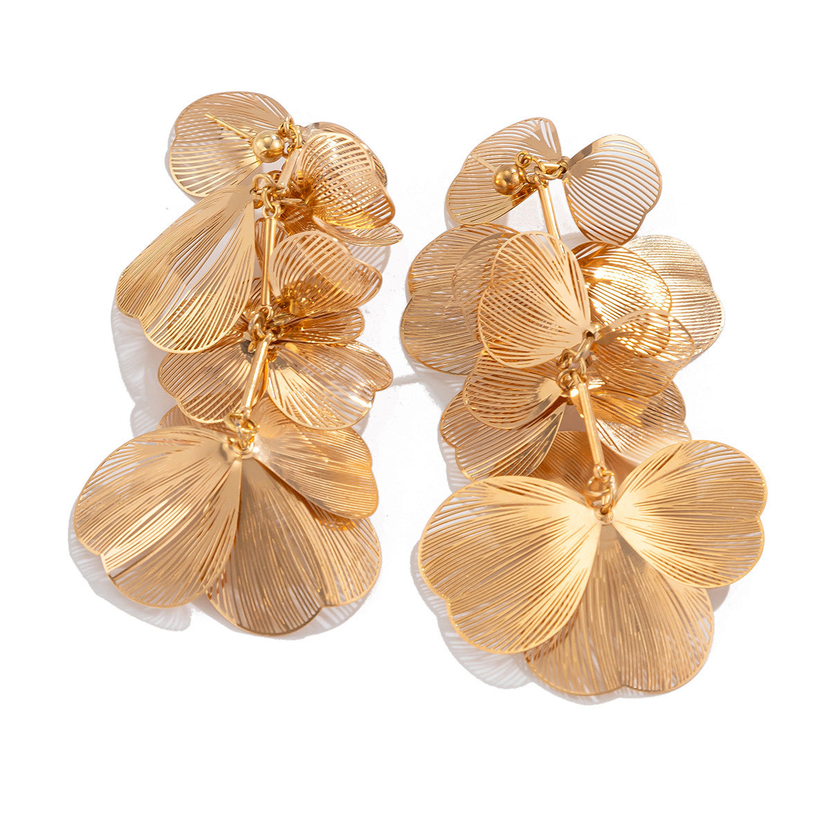 Sweet and Edgy Silver-Ginkgo Leaf Floral Geometric Stud Earrings with Pearl-Like Dangling Accents
