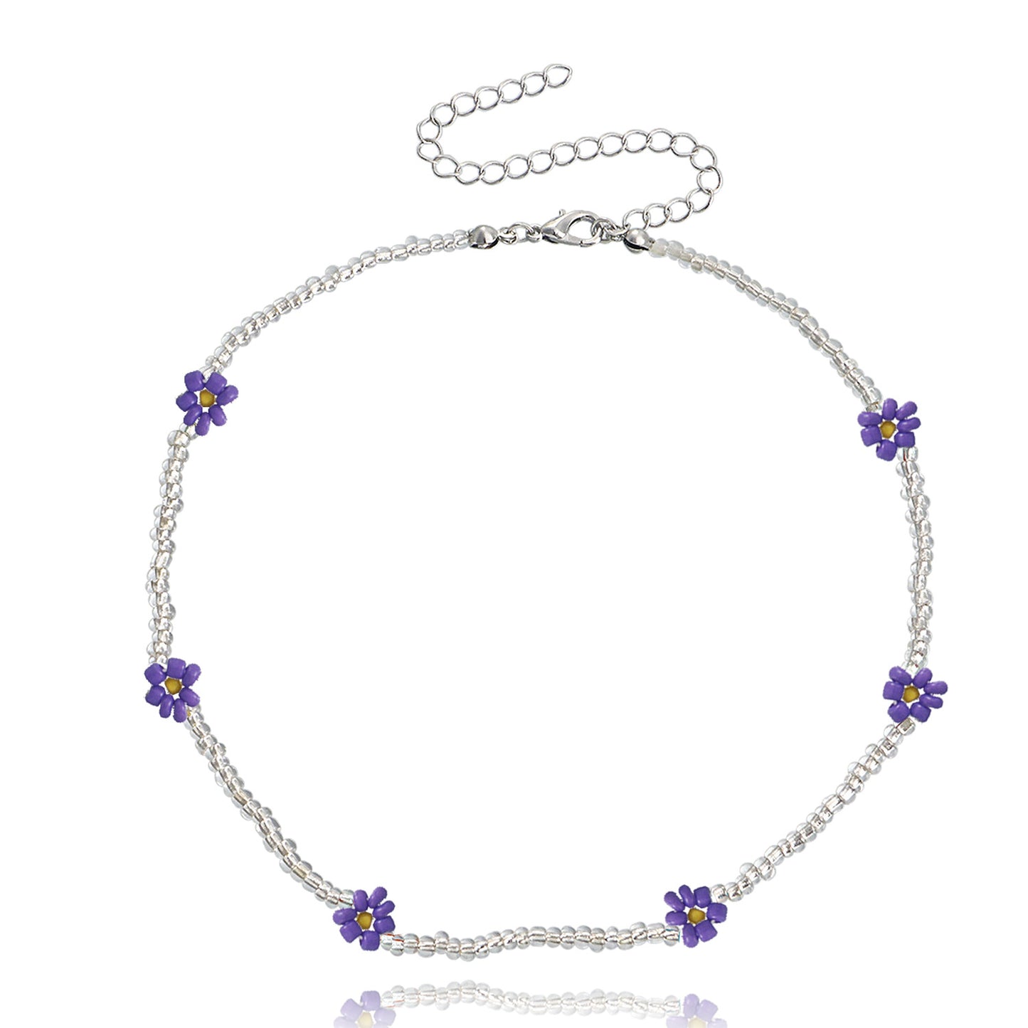Bohemian Style Daisy Flower Pendant Necklace with Clear White Rice Beads and Geometric Accents in Alloy with Plated Finish for Women