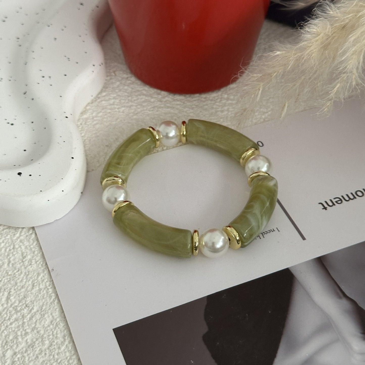 Minimalist Vintage Geometric Drip Oil Acrylic Bamboo Joint Cuff Bracelet Set