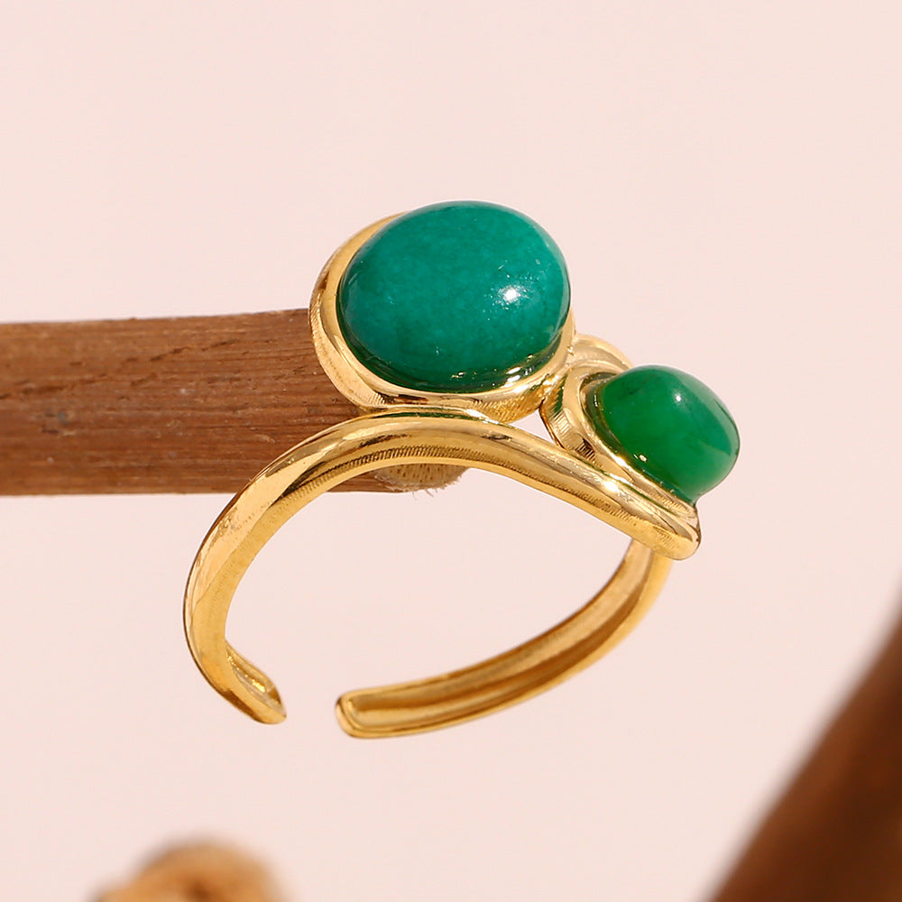 Vintage French Luxury Style Geometric Stainless Steel Ring with 18K Gold Plating and Two Green Gemstones for Women