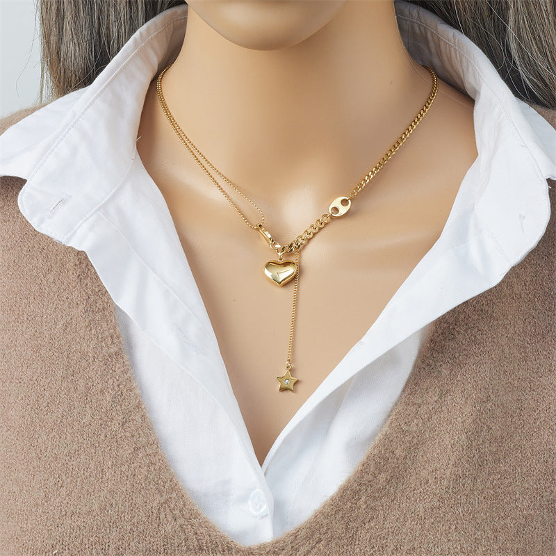 Minimalist 3D Heart and Star Pendant Stainless Steel Necklace for Women