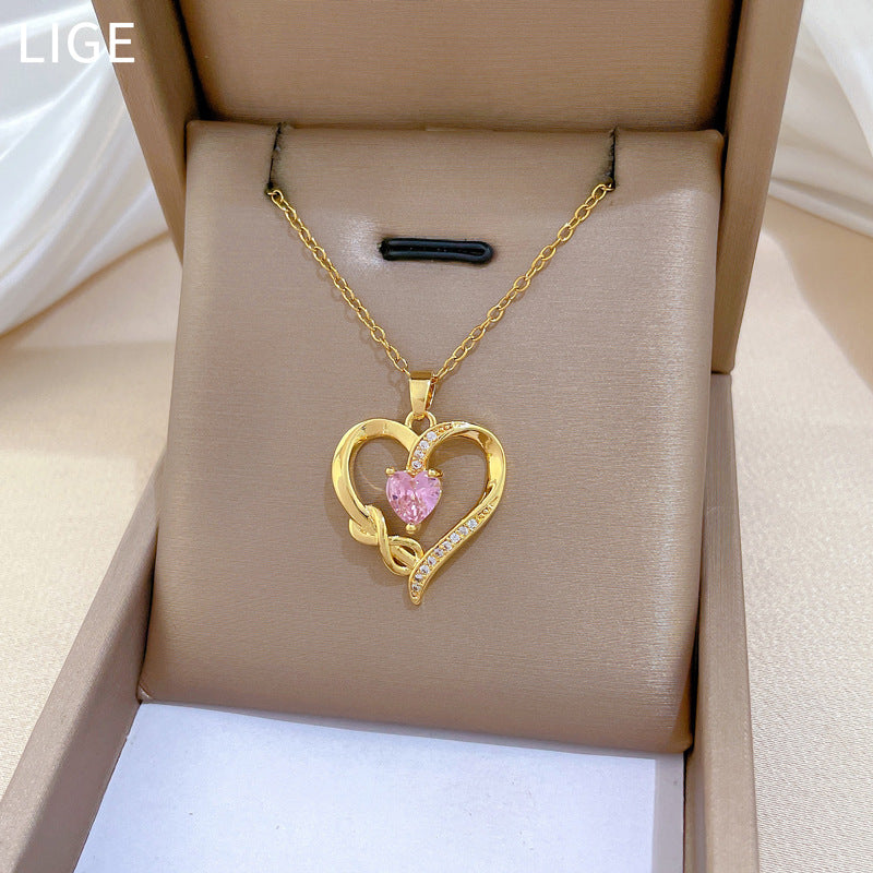 Sweet Minimalist Heart Geometric Rhinestone Pendant Titanium Steel Necklace for Unisex