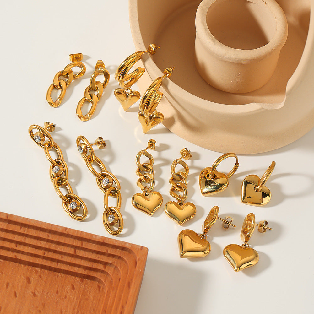 Ins Style Heart Shaped 18K Gold Plated Titanium Steel Statement Earrings with Geometric and Irregular Circle Design