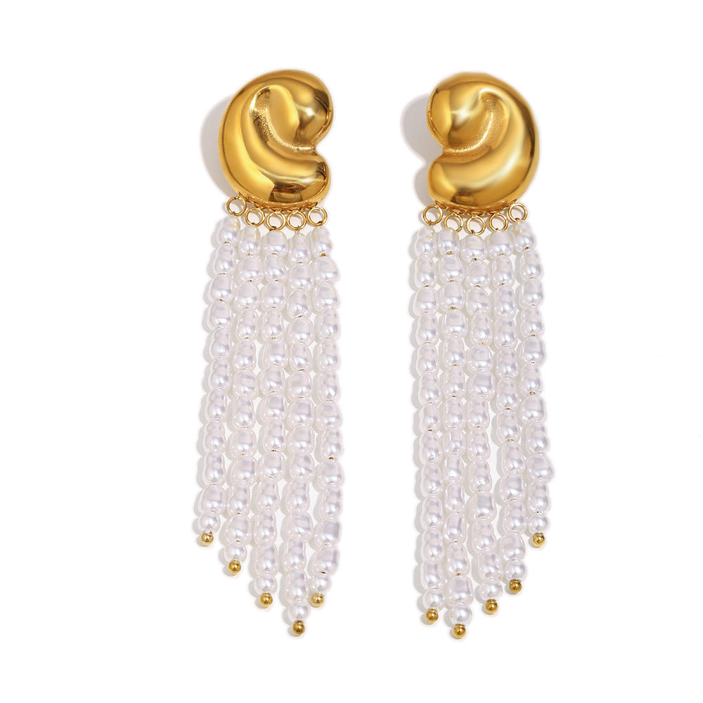 Minimalist Geometric Stainless Steel Earrings with 18K Gold Plating and Simulated Pearl Accents for Women