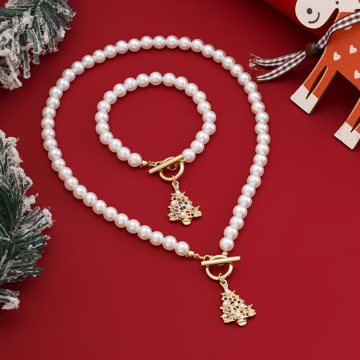 Collana pendente a fiocco di neve geometrico per albero di Natale in lega da donna con perle imitatione e finitura galvanizzata