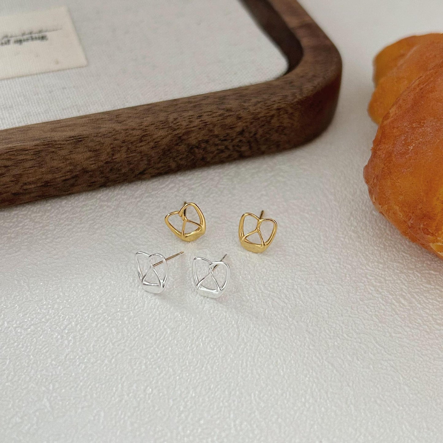 Minimalist Letter-Shaped 925 Sterling Silver Stud Earrings with Gold Plating, Heart Accent, Fresh and Sweet Style