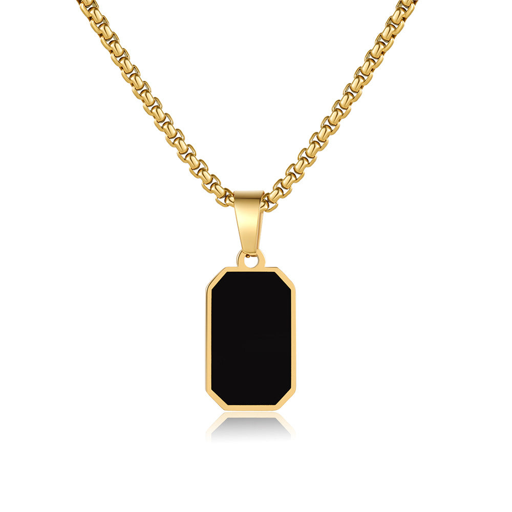 Hip-hop Black Square Drip Oil Stainless Steel Pendant Necklace with Curb Chain for Unisex
