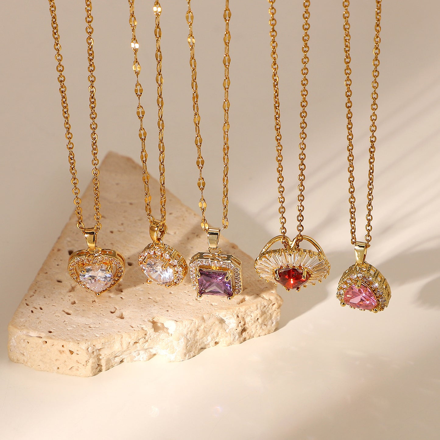 Trendy 18K Gold Plated Stainless Steel Necklace with Purple Square Zircon Pendant for Women