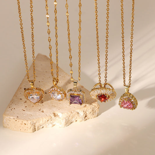 Trendy 18K Gold Plated Stainless Steel Necklace with Purple Square Zircon Pendant for Women