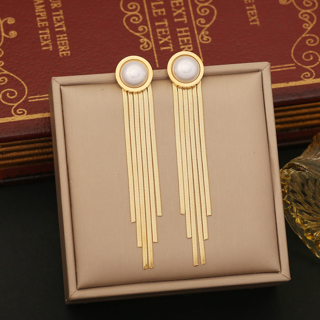 Vintage-Style Geometric Stainless Steel Earrings with Tassel and Pearl Accents Cat Eye Oval Design for Women