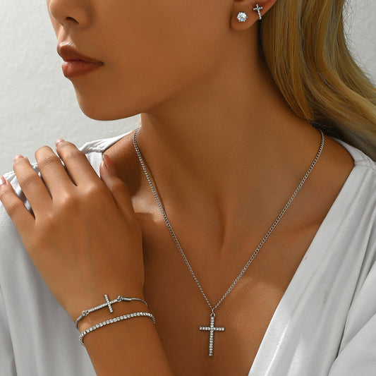 Minimalist Cross Pendant Necklace Set with Rhinestone Inlay for Women Alloy Jewelry Set Including Earrings Bracelet and Necklace