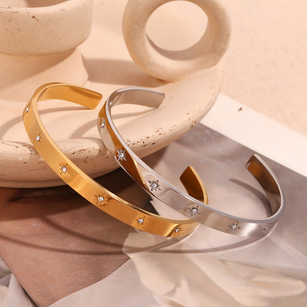Vintage Minimalist Stainless Steel Plated 18K Gold Open Octagram Zirconia Bracelet