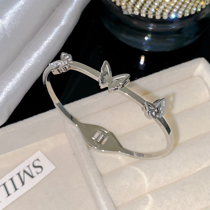 Four-Leaf Clover Hollow Roman Numeral Open Cuff Titanium Steel Bracelet