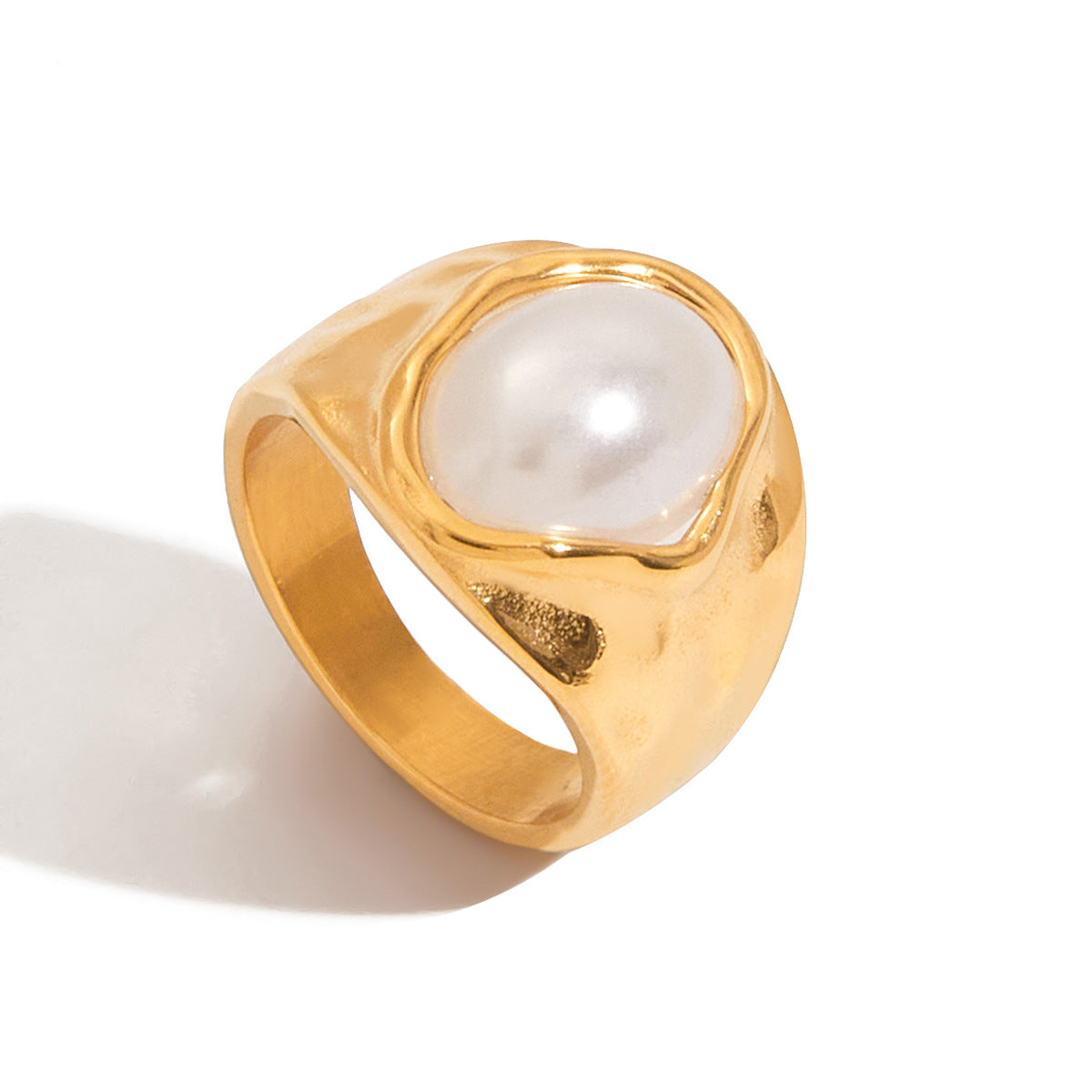 Anillo de Acero de Titanio Geométrico con Incrustación tipo Perla, Chapado para Mujer, Joyería de Moda Resistente al Deslustre