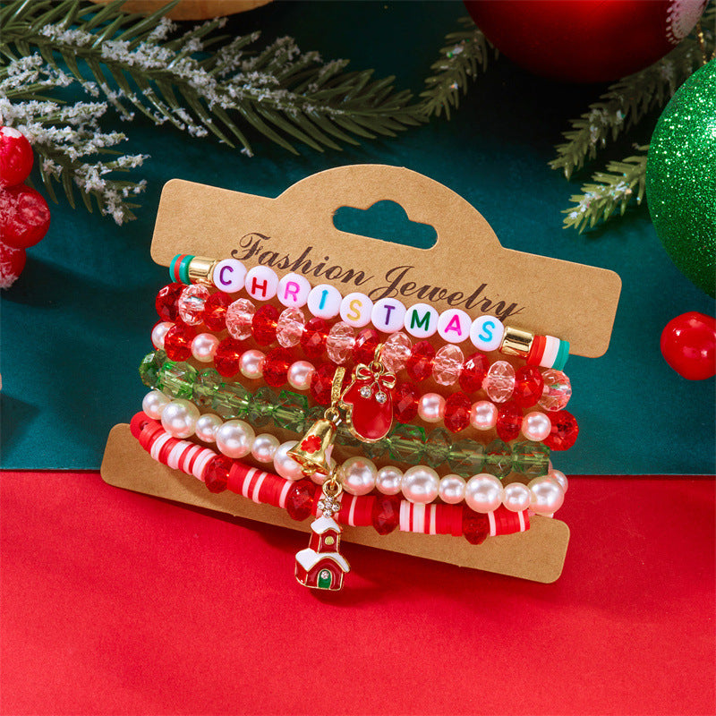 Bracciale Elastico Natalizio alla Moda con Perline in Lega e Ciondoli a Forma di Fiocco di Neve, Renna e Babbo Natale per Donna