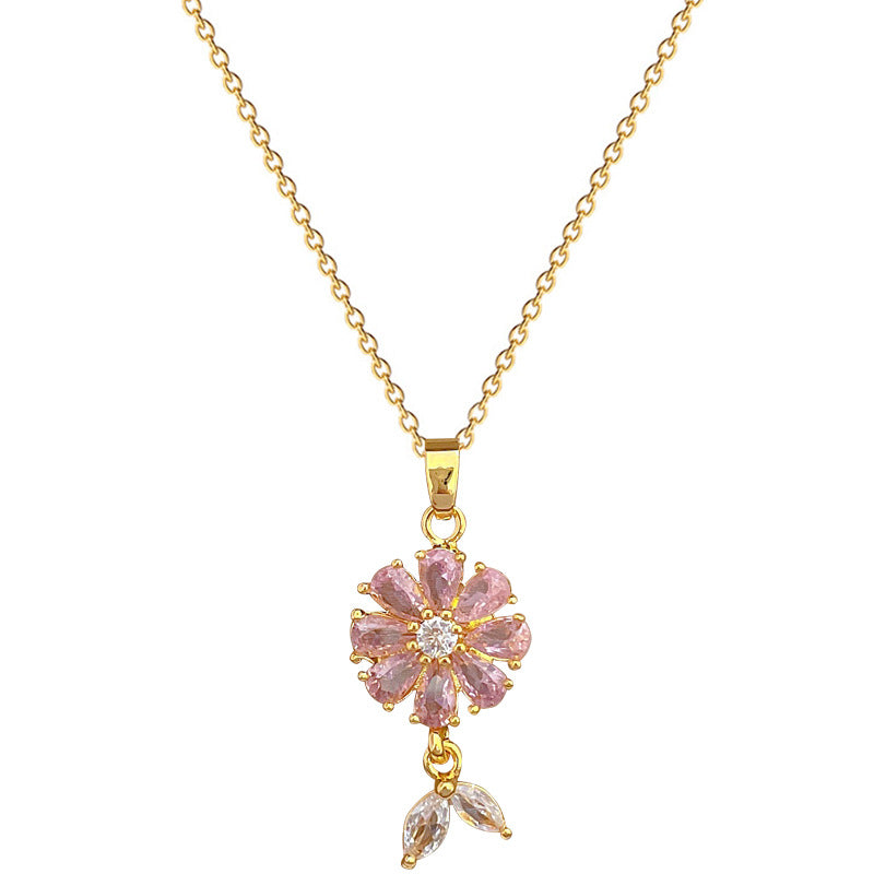 Luxury Titanium Steel Flower and Leaf Pendant Necklace Set with Rhinestone Inlay for Women Geometric Design Elegant Evening Party Jewelry