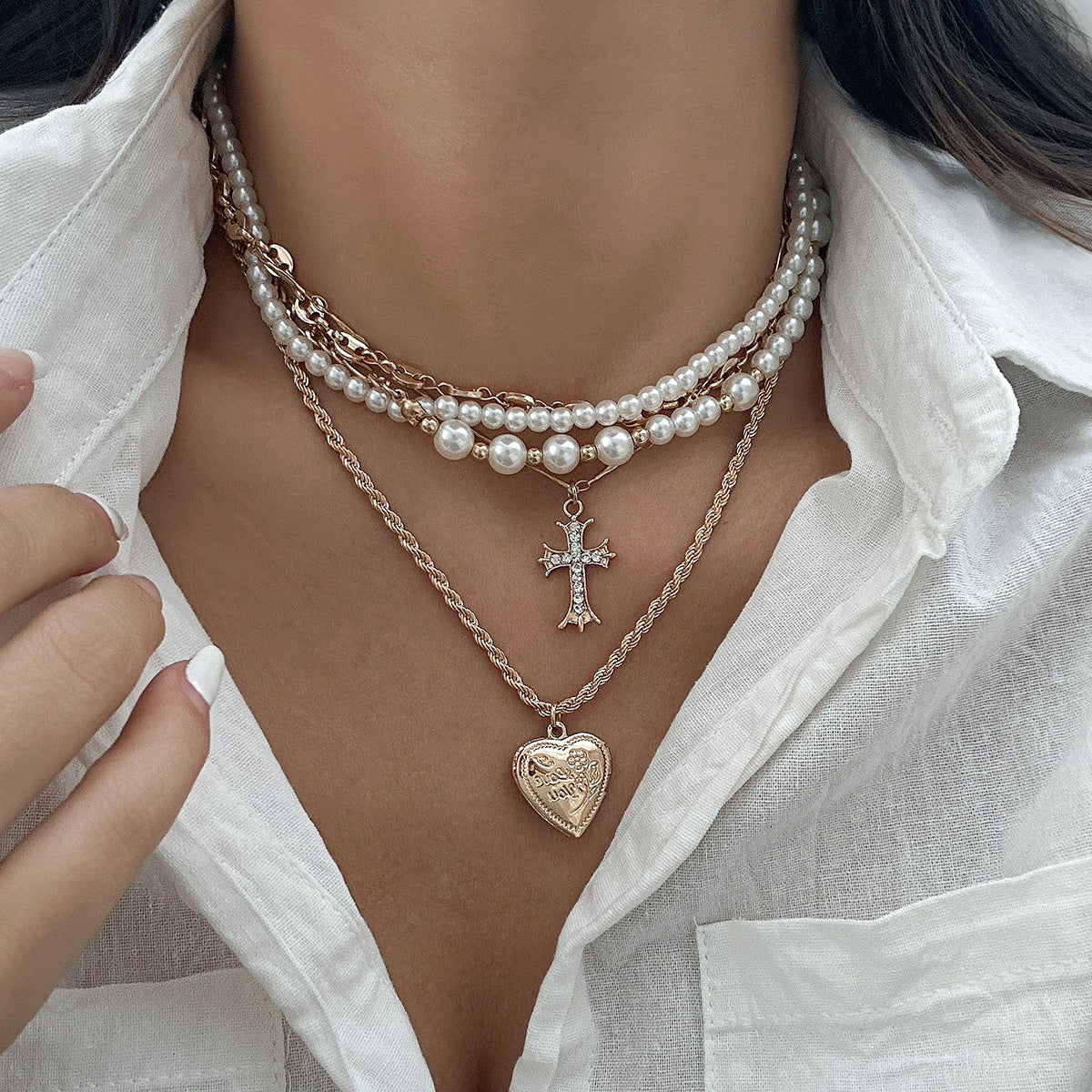 Minimalist Cross Pendant Necklace with Imitation Pearl and Alloy Accents on Pearl Chain for Women