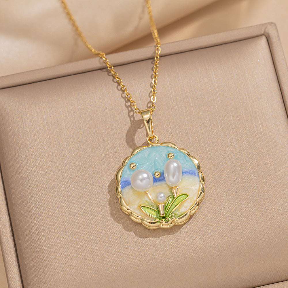 Baroque Style Leaf-Shaped Titanium Steel Necklace with Tulip Floral Motif, Vacuum-Plated for Hypoallergenic Wear, O-Chain Design