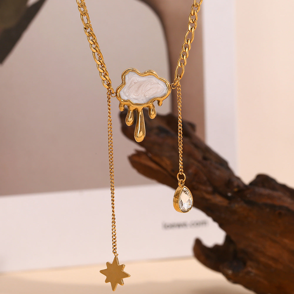 Vintage Elegant 18K Gold Plated Stainless Steel Geometric Cloud Shell Tassel Double Layer Necklace for Women
