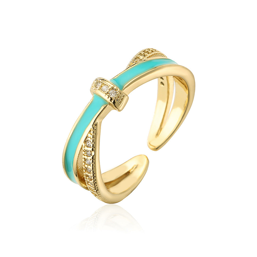 Minimalist Geometric Open Ring for Women in Copper with 18K Gold Plating and Enamel Finish, Set with Zircon