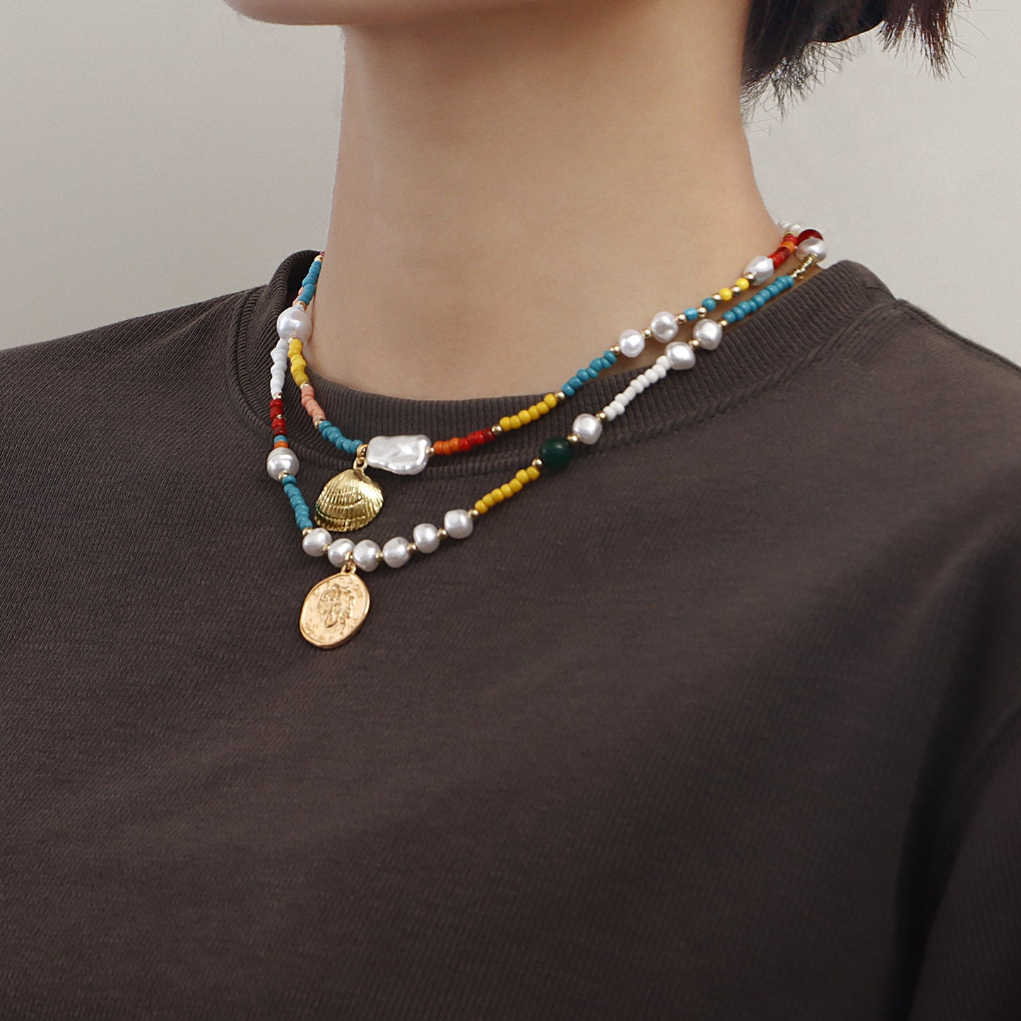 Bohemian Style Colorful Seed Bead and Seashell Pendant Necklace for Women Geometric Alloy Design with Plated Finish
