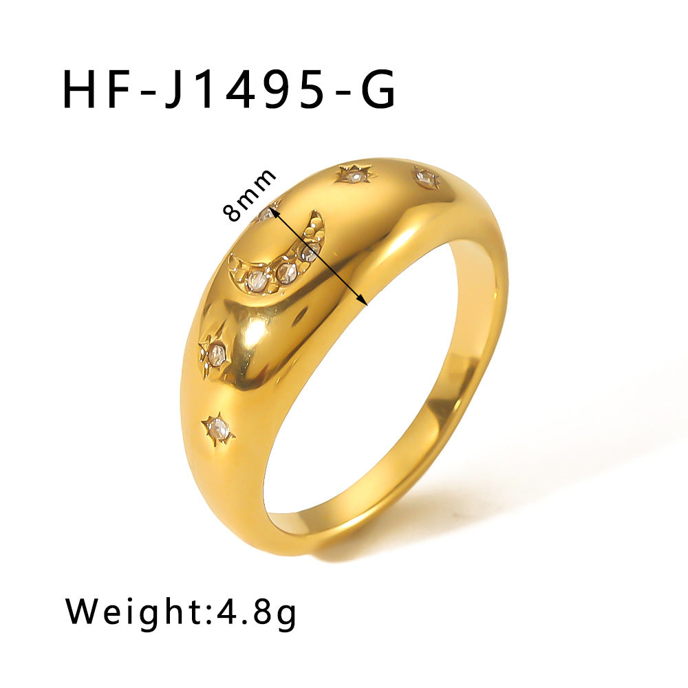 Anello con Ciondolo a Luna e Stella Geometrico Minimalista in Acciaio Inossidabile con Intarsio di Zirconi e Placcatura in Oro 18K da Donna